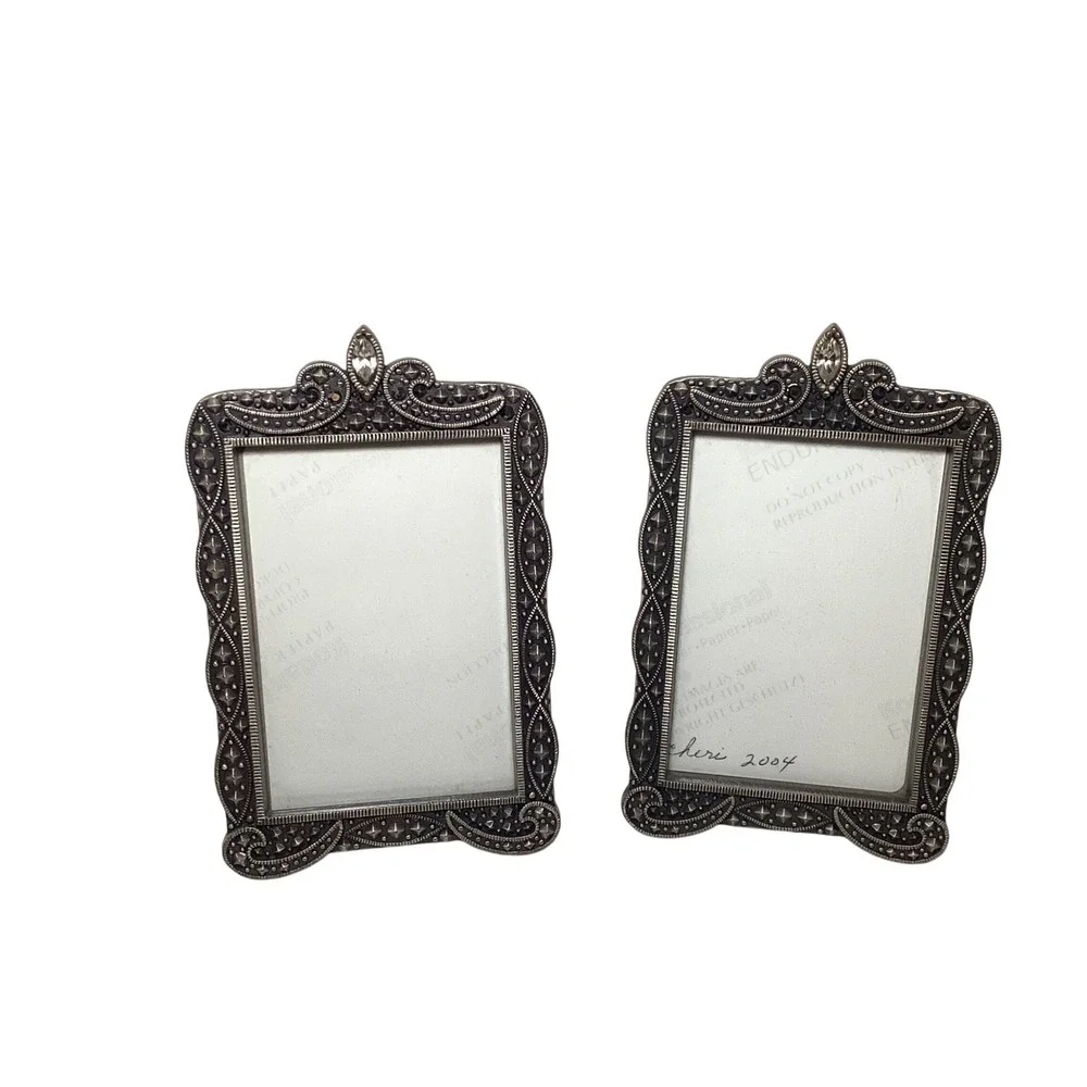 Vintage Style Marcasite Silver Tone Ornate Picture Frames Set 2 Rhinestone 2x3